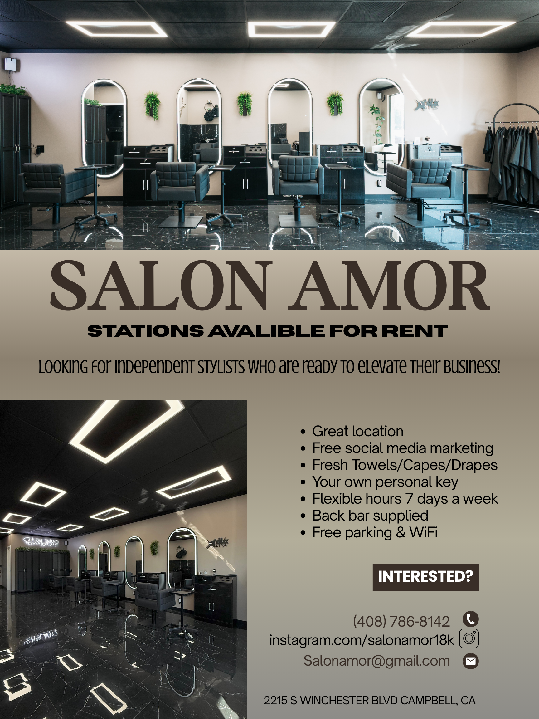 Salon Amor chair rental flyer — stations available for rent